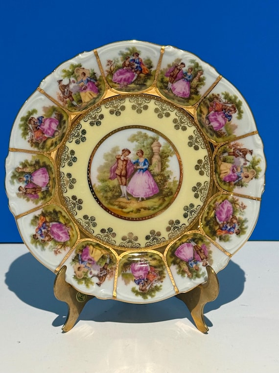 Hand decorated Fragonard Love story Dessert plate. Made in Western Germany.  24 carat gold