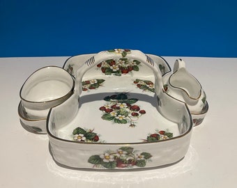Vintage Hammersley Strawberry Ripe pattern basket with a sugar bowl and a creamer