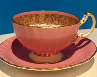Aynsley Footed Sage Green Tea Cup and Saucer With Gold Details