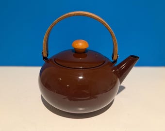 Vintage Copco Enamel Kettle with a teak wood handle and knob