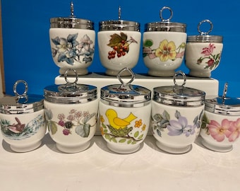 Choice of Vintage  Royal Worcester Egg coddlers: Evesham, June Garland, Pershore, Lavina, Country Kitchen, Woodland and Birds patterns