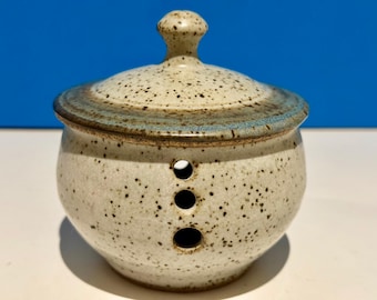 Handmade Ceramic Garlic Keeper Jar with Lid, Artist Signed, Salt Spring Island BC