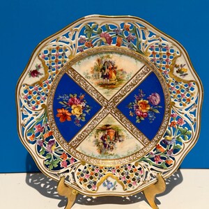 Vintage Dresden Schumann Bavaria-bord met netvormig patroon.