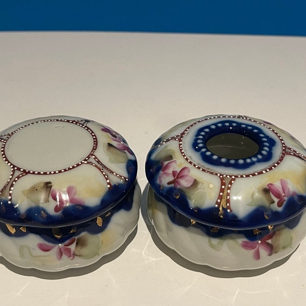 Vintage Porcelain Handpaited Hair Receiver and Trinket Box set. Made in Japan