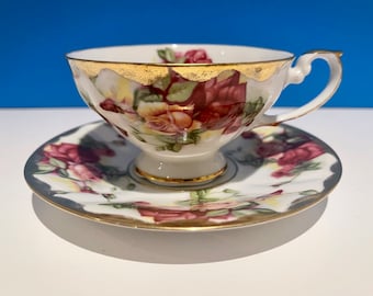 Vintage Stafford handmålad tekopp och fat i porslin med röda rosor