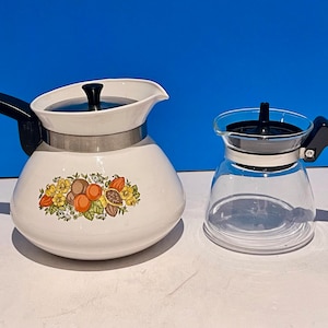 May include: Two coffee pots, one white with a fruit design, the other clear glass. Both have black handles and lids, with silver bands. The white pot has a floral design. The background is a solid blue.