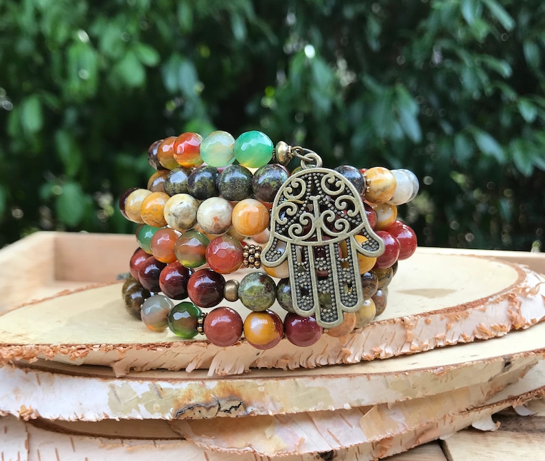 Memory Wire bracelet Ganesha Hamsa Mala bracelet Jaspis Mookait tiger eye agate