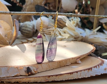 Fluorite drop earrings blue purple gold gemstone earrings