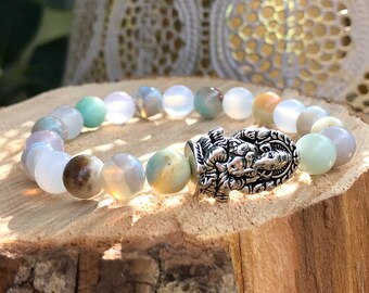 Ganesha Bracelet Mala Bracelet Moonstone Agate Amazonite 8 mm Silver