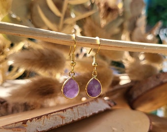 Amethyst small drop earrings gold gemstone earrings