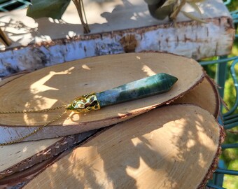 Gemstone Moss Agate Necklace Gold Pen