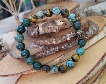 New Beginning Buddha Bracelet Moss Agate Tiger's Eye African Turquoise 8 mm Beads Gemstone Bracelet Lacooni Bronze