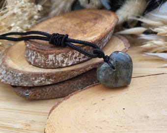 Labradorite heart necklace, black band, gemstone necklace