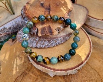 Companion Lotus Bracelet Moss Agate Tiger Eye African Turquoise 8 mm