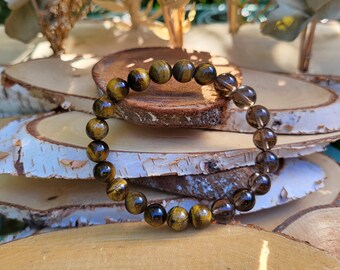 Tiger Eye Smoky Quartz Bracelet 8mm Beaded Gemstone Bracelet