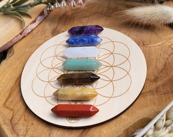 Crystal Grid Flower of Life Chakra Stones Double Ended Set 7 Chakras Amethyst Sodalite Jasper Rock Crystal Aventurine Tiger Eye Jade