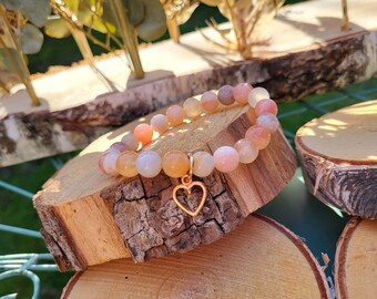 Mama Bracelet Heart Rose Gold Cherry Blossom Agate Flower Agate Sakura Flower Botswana Agate 8 mm Pearl Gemstone Bracelet