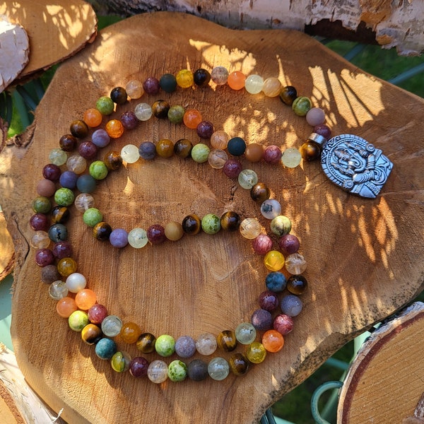 Ganesha Mala Kette 108 Perlen Unikat Einzelstück Tigerauge Citrin Jade Achat Jaspis Prehnit 8mm Perlen Silber Gebetskette Meditation