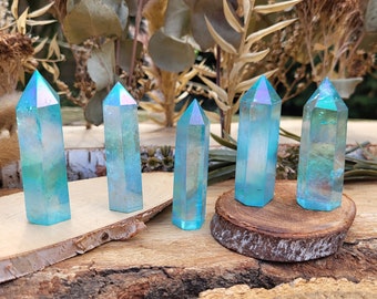 Aqua Aura Quartz Tower Obelisk Gemstone Rainbow Wormstone Point Yoga Chakra Reiki