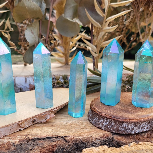 Aqua Aura Quarz Turm Obelisk Edelstein Regenbogen Handschmeichler Spitze Yoga Chakra Reiki