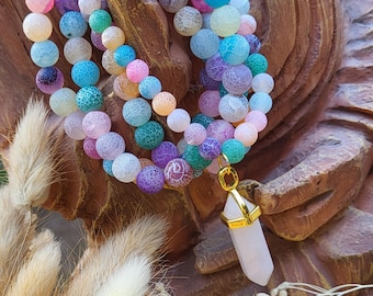 Mala necklace, 108 unique beads, agate rose quartz, double-terminated pin, 6 mm and 8 mm beads, prayer beads, meditation