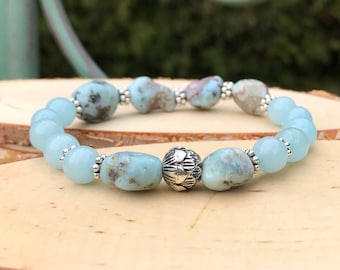 Lotus Bracelet Mala Bracelet Larimar Amazonite Silver 8 mm