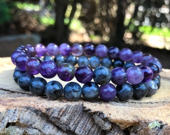 Partner Bracelets Bracelet Set Her and Him 8 mm Larvikit Amethyst Long Distance Relationship