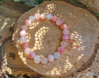 Diamond Bracelet Jade Rose Quartz Moonstone Rose Gold 8 mm Beaded Gemstone Bracelet