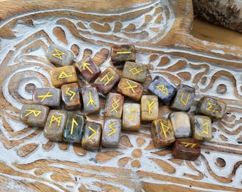 Rune Stones Set Crazy Lace Agate Gold Runestones Oracle Gemstones Talisman Rune