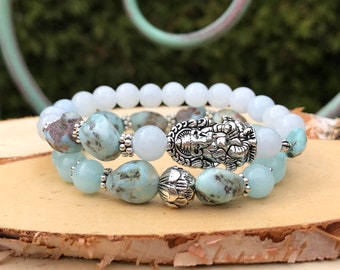 Ganesha Lotus Bracelet Set Jade Larimar Mala Bracelet 8 mm