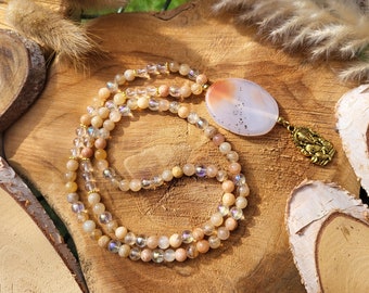 Ganesha Mala Necklace 108 Beads Unique Sunstone Angel Aura Quartz Citrine 6 mm Prayer Beads Meditation