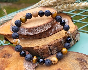 Family Men Bracelet Onyx Tiger Eye Jasper Lava 8 mm Beads Gemstone Bracelet