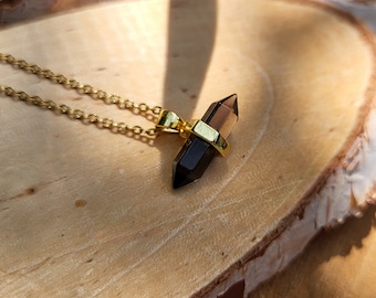 Gemstone Smoky Quartz Pen Double Terminated Tip Chain Gold