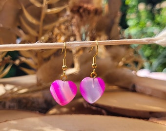 Agate heart earrings gold pink hearts