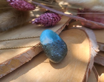 Larimar Necklace Drop Gold Tumbled Stone Pendant Gemstone Necklace