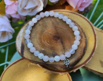Rock Crystal Rose Quartz Moonstone Bracelet Cloverleaf 6 mm Pearls Silver Gemstone Bracelet