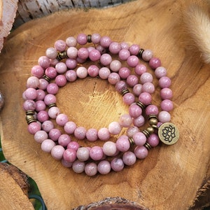 Rhodonite Mala Necklace 108 Beads Lotus Bronze Prayer Beads 8 mm Meditation