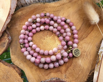 Rhodonite Mala Necklace 108 Beads Lotus Bronze Prayer Beads 8 mm Meditation