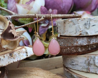 Earrings jade drops rose colored light pink earrings gold drop gemstone earrings