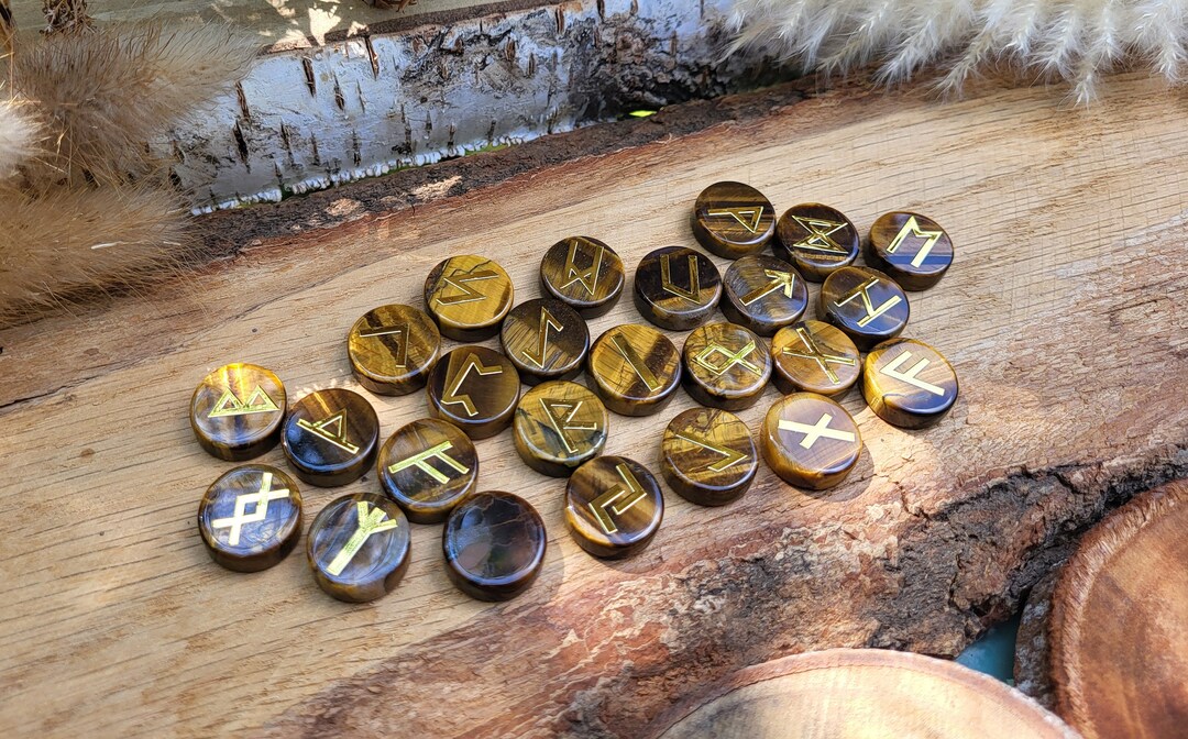 Rune Stones Set Tiger Eye Round Gold Runestones Oracle - Etsy