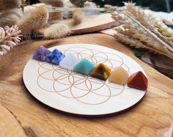 Featured listing image: Crystal Grid Flower of Life Chakra Pyramid Gemstones Set 7 Chakras Amethyst Sodalite Jasper Rock Crystal Aventurine Tiger Eye Jade