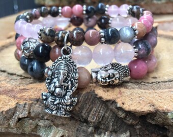 Buddha Bracelet Ganesha Lotus Bracelet Set Larvikite Jade Rose Quartz Rhodonite Mala Bracelet 6 mm 8 mm Gemstone Bracelet Lacooni