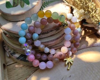 Lotus Palm Bracelet Set Agate Prehnite Moonstone Amazonite Jade Rose Quartz Opal Aventurine Angel Aura Quartz Citrine 8 mm Gold