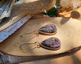 Earrings Rhodonite Drop Earrings Gold Gemstone Earrings