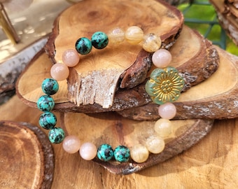 Flower Bracelet African Turquoise Citrine Sunstone 8mm Beaded Gemstone Bracelet