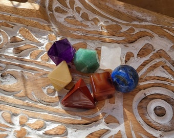 Sacred Geometry Chakra Stone Set of 7 Chakras: Amethyst, Lapis Lazuli, Jasper, Rock Crystal, Aventurine, Carnelian, Jade, Pyramid, Cube, Merkaba, Star
