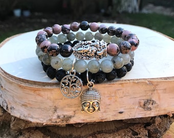 Tree of Life Buddha Ganesha Bracelet Set Labradorite Lava Beads Rhodonite 8 mm Silver Mala Bracelet