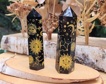 Obsidian Obelisk Stars Sun Snake Moon Gold Gemstone Tower Reiki Chakra Yoga Point