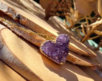 Amethyst Heart Necklace Gold Gemstone Necklace Druzy Amethyst Heart Geode