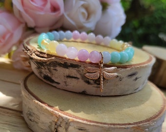 Dragonfly Bracelet Rose Gold Citrine Jade Rose Quartz Aquamarine Amazonite Aventurine 6 mm Beads